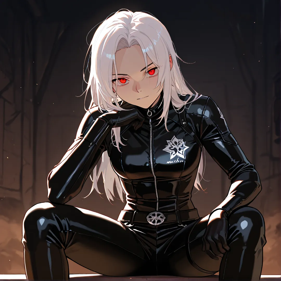 (masterpiece), best quality, newest, absurdres, highres, perfect anatomy, 1boy, artist: (PurpleStar108), {{{solo}}}, white hair, disheveled hair, few bangs, red eyes, evil expression, biker outfit, athletic body, accessories, pointed details on the clothes...