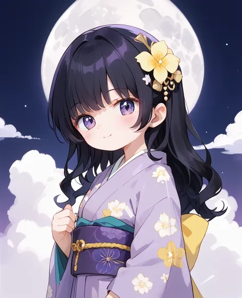 dark purple retro modern kimono、 Kimono with moon decoration、long wavy hair with black hair、 hair down、yellow flower and moon hair ornament、is young、downer、 small tits、Full moon in the background