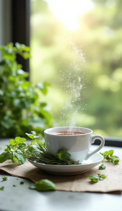 A book cover about natural health, with soft shades of green (emerald, Menta, olive) and beige and white details. in the center, a steaming cup of tea with fresh herbs next to it, like mint and rosemary. Leaves and natural herbs scattered organically arou...