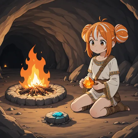 used orange hair, shot, white striped hair, 1 girl, Outside is a meadow, Penis shaped stone, cave,  bonfire , Ancient times