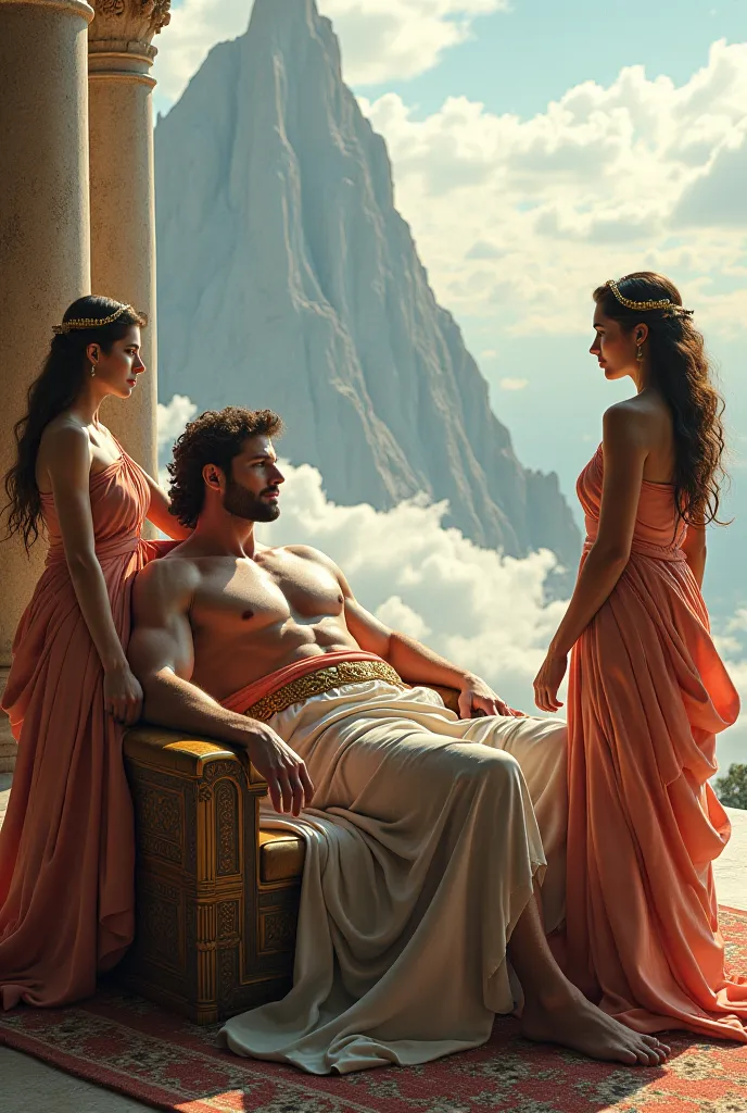 A god of Olympus, Olympus background, lying on a bed with two women serving him, half-naked in period costumes 