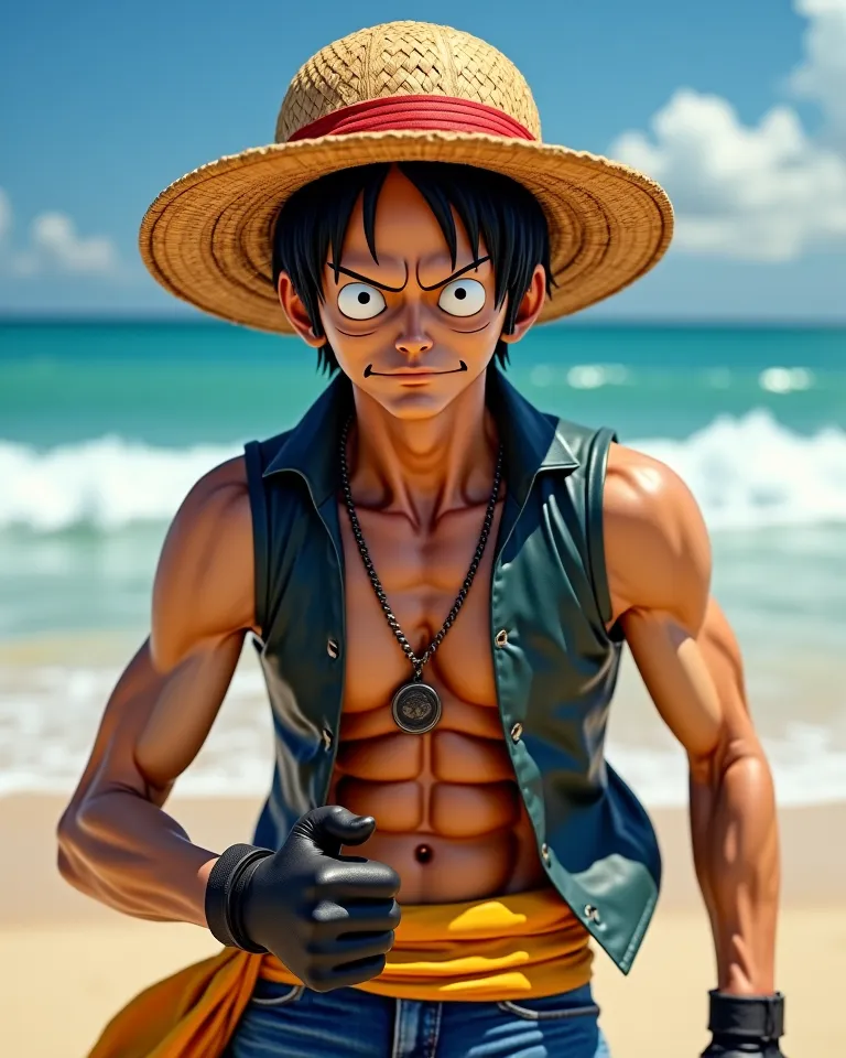 Handsome  old Asian man with short hair shown as Luffy,From One Peach Comics, ภาพถ่ายจากคนจริง  แต่งCombat Kits ใส่หมวกฟาง กล้ามเนื้อแขนใหญ่ ภาพถ่ายเสมือนจริง บรรยากาศชายหาด,ตัวละครFrom One Peach Comics,Combat Kits,Elasticated Fist,Strong Muscles, very rea...