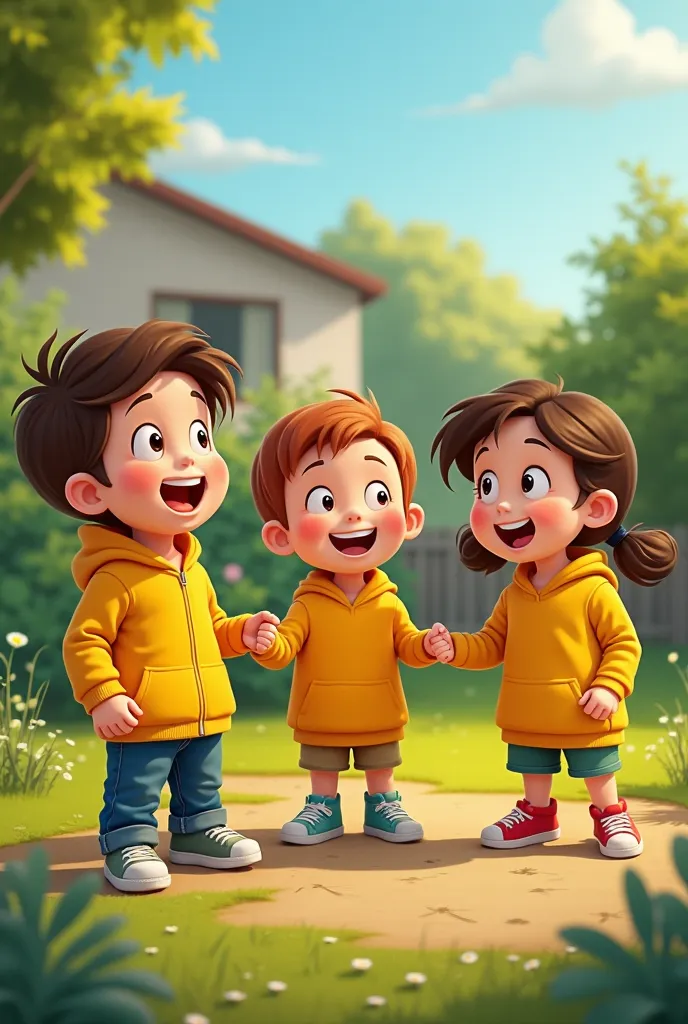 Leo club boumhal fait une action avec des enfant , notre vetement du club cest le s’dossard jaune simple , je veux que je creer une photo de les membre habille des dossard jaune qui jouent avec des enfants dans une jardin et limage parait comme cartoon