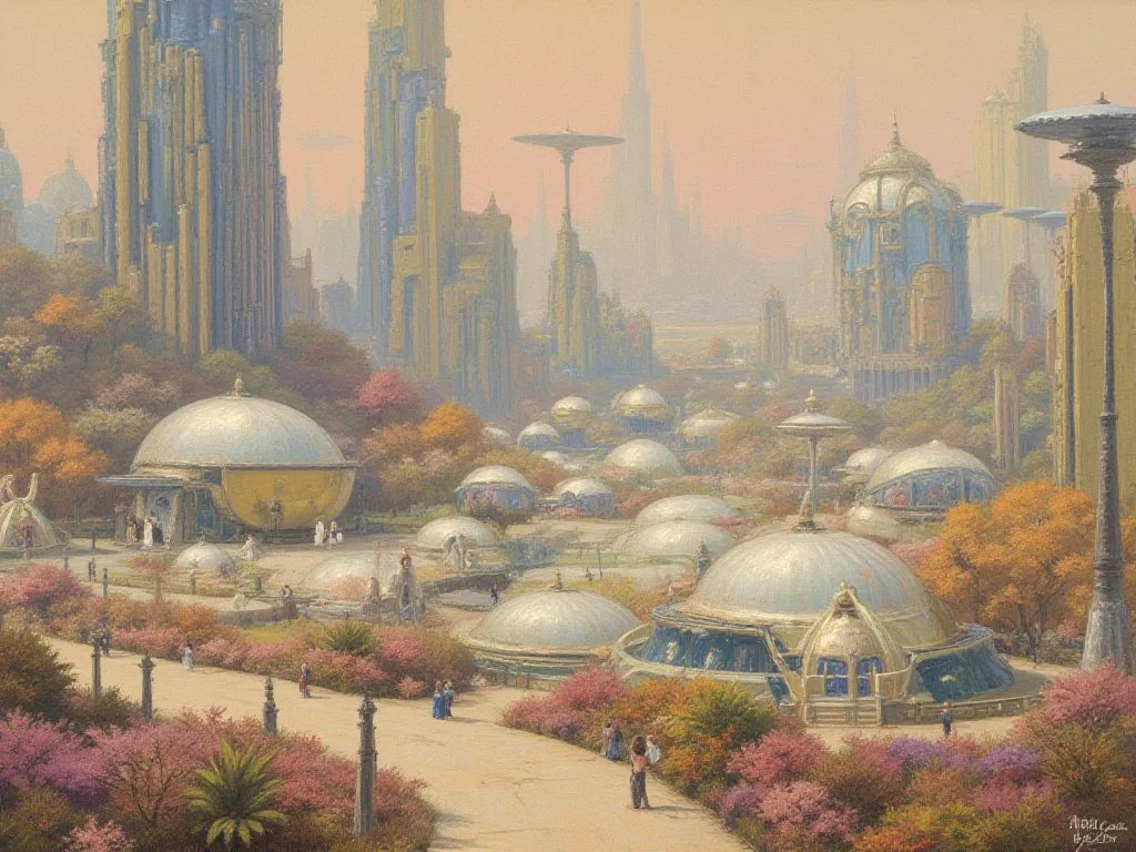 Generate an image of a futuristic city with igloo-shaped houses, people looking like pleadeans, oil painting style image, Auguste Renoir style 