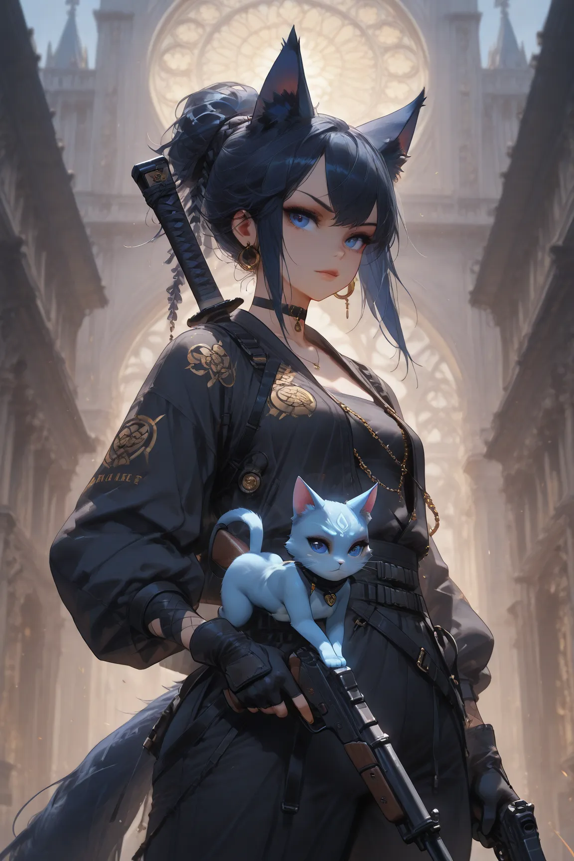 (Cubi: (short dark blue hair, blue kitten ears, woman, 1woman, one woman, blue eyes, solo), (small breast)), (urban samurai, rifle, gloves, holding gun), golden cathedral at background, (bulletproff vest)