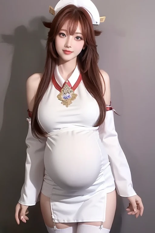 a tall cut woman that is pregnant with long smooth hair wearing a maids outfit

