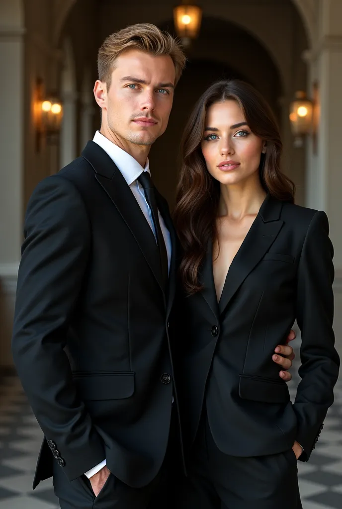 (photorealism:1.2), Create a realistic image Full body  of Beautiful Young couple  Caucasian man with blue eyes and twenty-eight years old blonde hair similar to the Turkish actor Kerem Bursim, Dressed in a tailored black suit In front of a beautiful young...