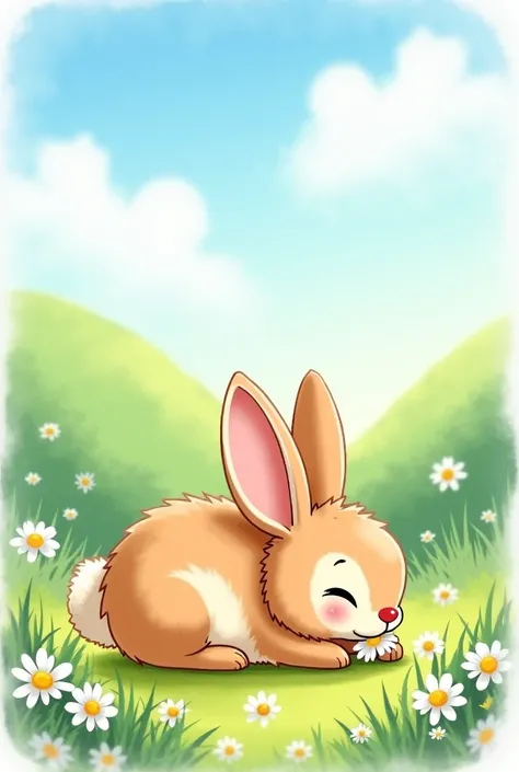 A bunny lying down with a daisy in its mouth, Watercolor style, cartoon