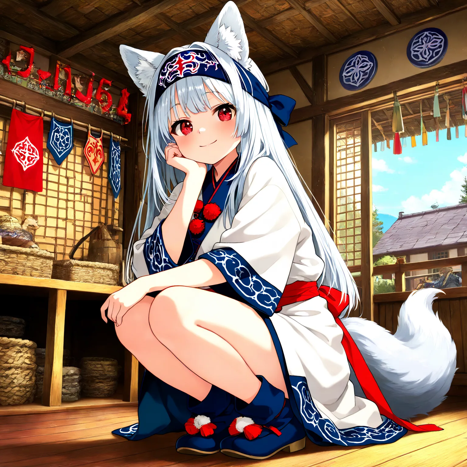 high quality, beautiful image quality over the right shoulder, detailed image quality,  illustration style, full body illustration,front,Alone,adult,female, female神のような体型, tall to the eye,long silver hair,  fox ears, tail, red eyes,Natural Eyes,  easygoing...