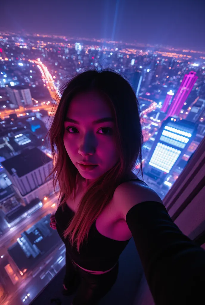 Hyper attractive cyberpunk woman on the roof of a building with hyper neon reflections. (Selfie characteristics: grainy, low quality, Low lighting, dark, blur:1.6), aidmaNSWFunlock