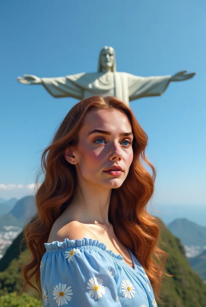 Create an image of a person posing in front of the iconic Christ the Redeemer monument in Rio de Janeiro, Brazil. She is North American, 22 years old, face rectangle, with light medium skin, perfect brown eyes, long ruivo hair, middle apart models, wavy ha...