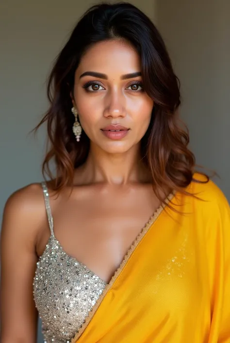 Generate a ultra realistic close up image of a woman in a golden yellow transparent sleeveless saree. She is wearing a silver shimmering blouse with mirror sequins. It has no sleeves, has a silver satin finish with spaghetti straps. Face and body facing st...