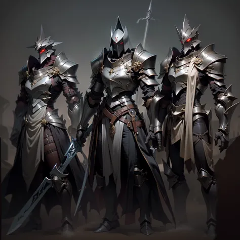 (better quality,high resolution,extra detailed),(Dark,sinister,nasty) Warriors in dark matt covers, helmet, dark colored pointed shoulder pads, dark colored mittens and bracers, powerful armored bibs and dark-colored armor, With a polished helmet, they ins...