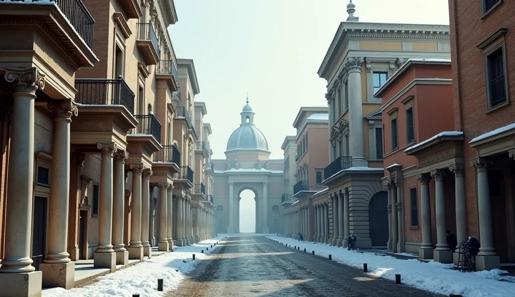 A cinematic photo shows the golden age of the Roman buildings in the winter,
show a street full of tons of old Roman buildings in the winter,e, masterpiece, winter, historical style, 100 buildings, mid frame





