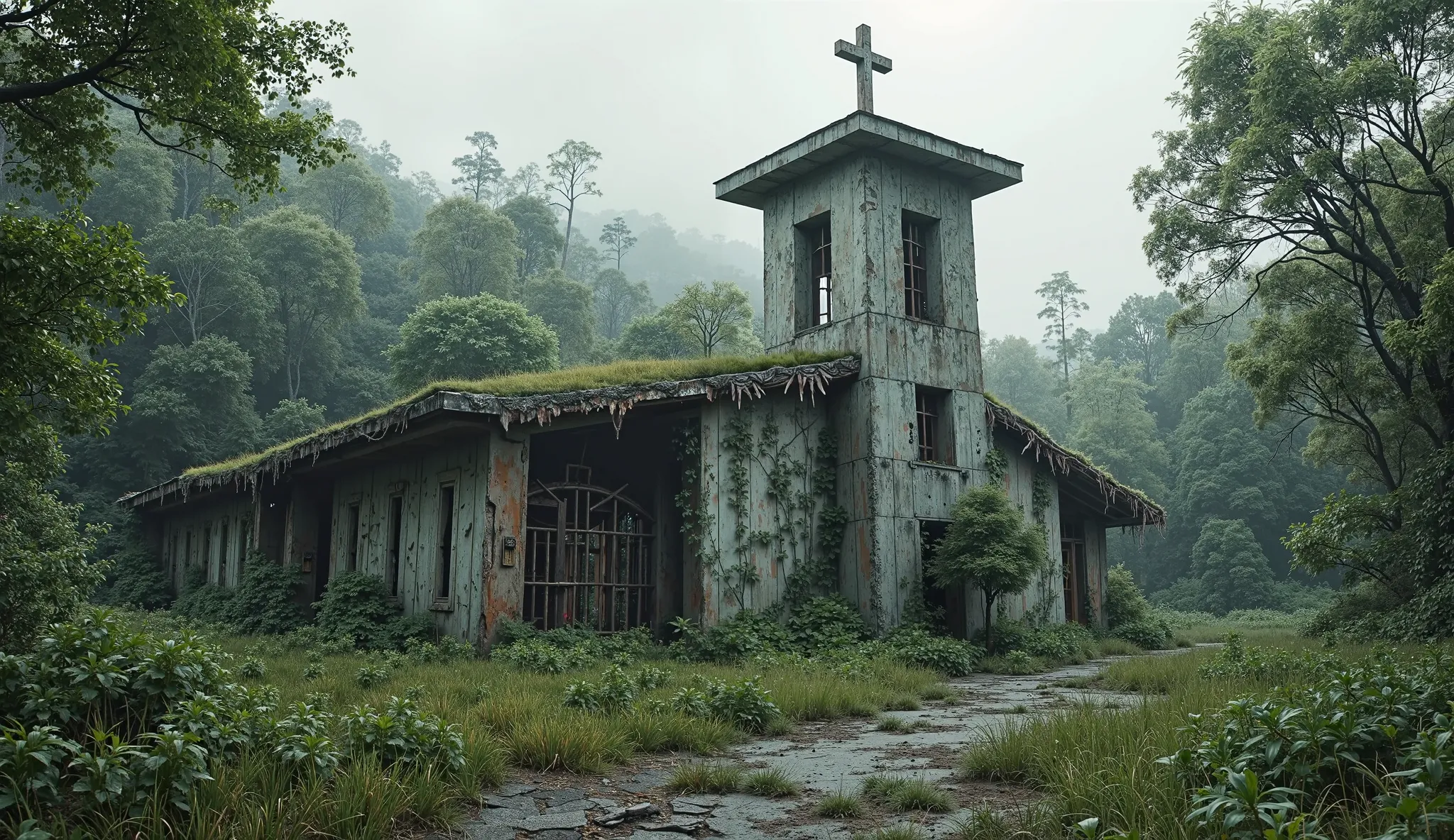 abandoned Blue Springs Assembly, abandoned church building, outside view, modern church, small square tower with cross