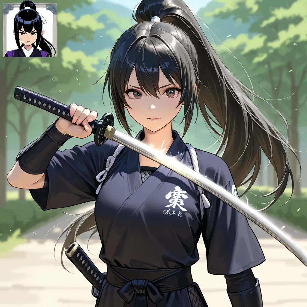  A beautiful ninja holds a Japanese sword、Action Painting 、   long ponytail、  black hair  、 japanese skin 、  ninja uniform、 perfect face、   masterpiece,   anatomically accurate,   top quality,   beautiful skin,   /Japanese carving/、  Movie Light Effects,  ...