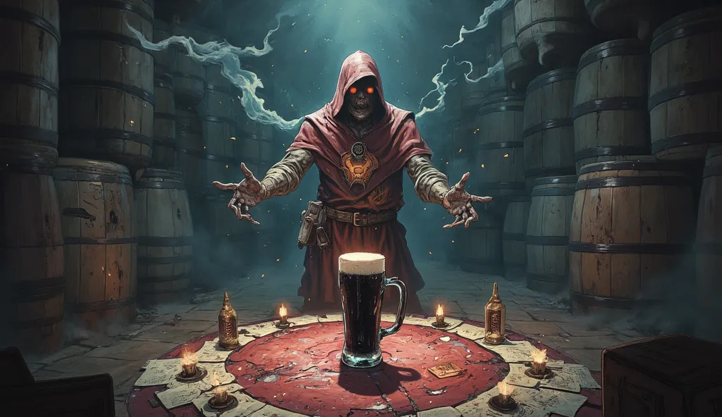 an undead necromancer performs a necromantic ritual in his medieval brewery. Does he drink a black beer.