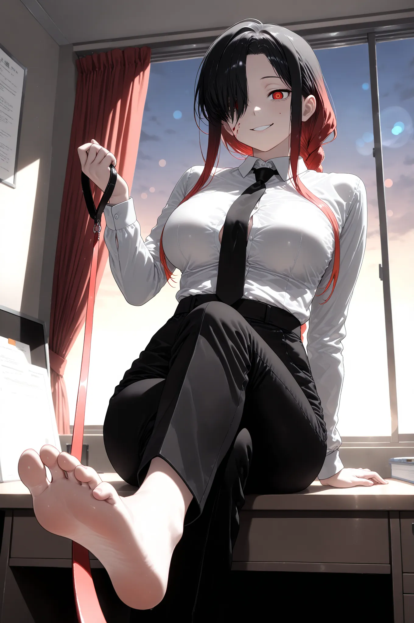 masterpiece, best quality, amazing quality, absurdres, cinematic, anime screenshot, 1girl, Kuroki Monika, red eyes, gradient hair, black hair, red hair, long hair, asymmetrical hairline, hair over right eye, (large breasts), (petite but curvy), very cute, ...