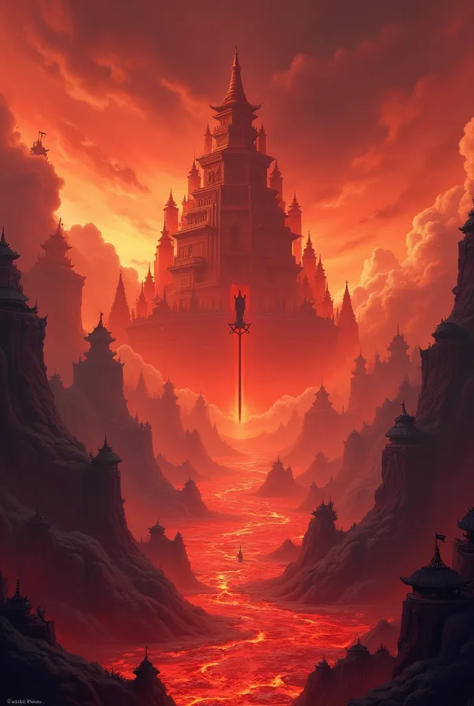 📌 What will happen in the image?

Title: "Hell Wars" ().
Atmosphere: Fiery Sky, floating temples, sword fighters, feeling of chaos and battle.
colors: dark, red,  orange , black — hellish style.  Lava below Description:
Welcome to  "Hell Wars" — the deadly...