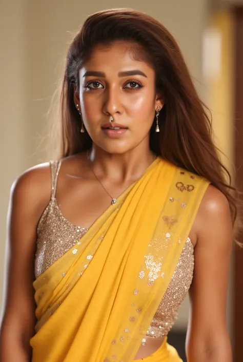 Generate a ultra realistic close up image of a woman in a golden yellow sequins sleeveless saree. She is wearing a silver shimmering blouse with mirror sequins. It has no sleeves, has a silver satin finish with spaghetti straps. Face and body facing straig...