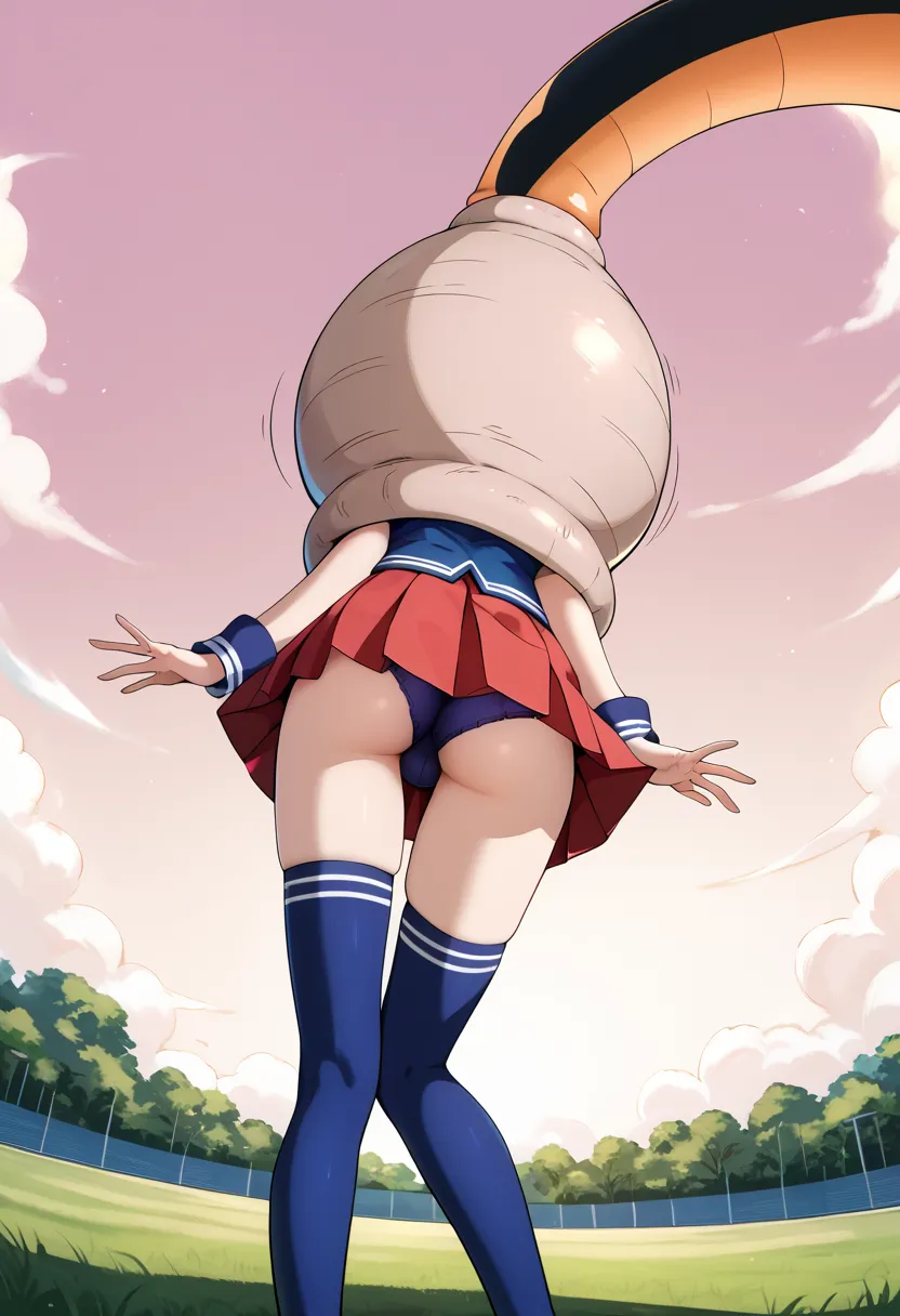 masterpiece, best quality, detailed beautiful face and eyes, very detailed background, Mami Tomoe, megami magazine, large breasts, 1girl, pleated cheerleader miniskirt, thigh socks, ass view, school field, (cellvore)