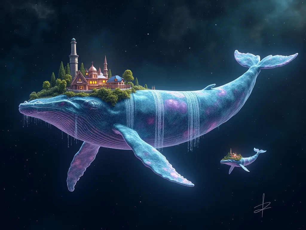 "A giant, ethereal whale swims gracefully through the vastness of space, its body glowing with vibrant blues, purples, and greens, reflecting the nebulae and stars surrounding it. On the whale’s back, a stunning landscape unfolds – a miniature world with h...