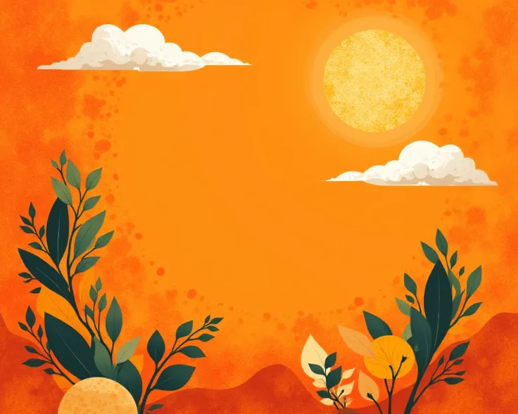 The background is a vibrant, textured orange with geometric golden clouds, abstract leaves, and modern typography. The art is in a clean, modern vector-based digital illustration style, with smooth gradients, stylized lines, and a pop-art influence