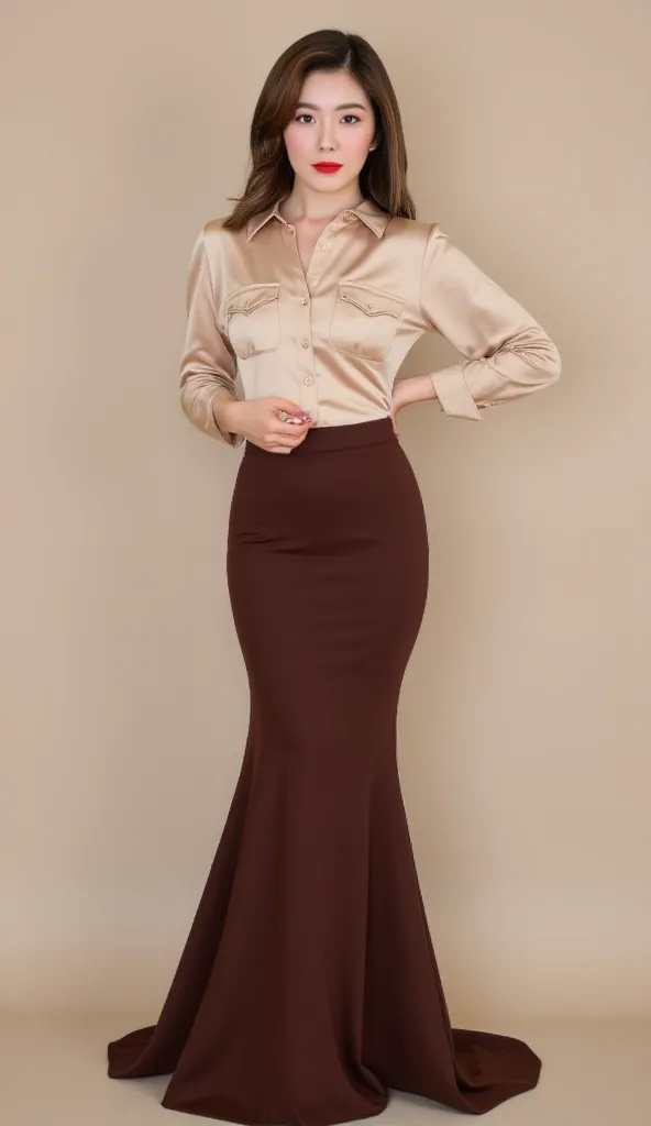  A woman,   body and front facing legs, Use a light beige satin long-sleeved shirt with pockets on both breasts, using a long fishtail model skirt to the feet of dark brown color,  red lips, big breasts