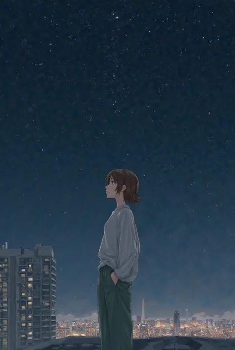 Brown-haired girl, One meter and sixty tall with gray eyes. She wore a white sweatshirt and long green pants. It was night and he was on the roof of a skyscraper looking at the stars.