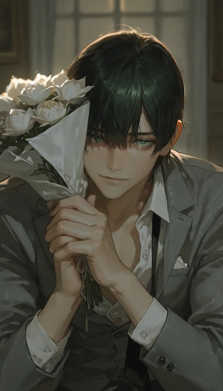 masterpiece, best quality, 1boy, blurry background, dark lighting, solo, lips, perfect hands, male focus, detailed dark green eyes on board, sharp face features, holding large bouquet of peonies to viewer, looking at viewer, detailed fully black hair, tota...