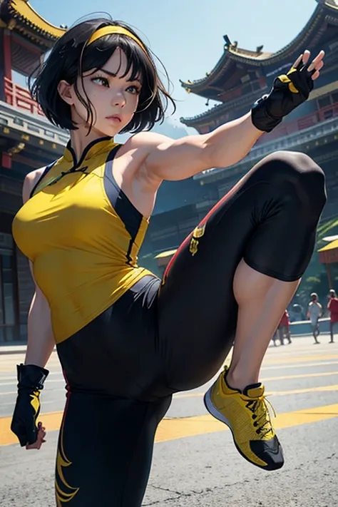  Woman doing jump kicks、 Kung Fu Master、realistic、upper body lift、 fighting arena、(bob cut with skindent)、 bullish expression、(I wear gloves on both hands)、hair band、(yellow Chinese dress)、( black hair)、 jogger pants 、 trained biceps 
 