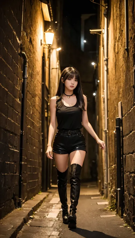 full body shot、Outdoors、masterpiece、Best Quality、Hi-Res、realistic、(In a dark alley at night)、(Woman wearing knee-high boots and shorts running away from men in a narrow alley on a dark night with no one)、(A frightened 18-year-old beautiful girl)、(Beautiful...