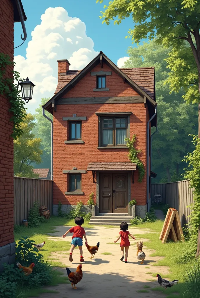 1-storey, multi-apartment railway brick residential house in 1980 in Hungary, ren play in the yard, some chickens are running