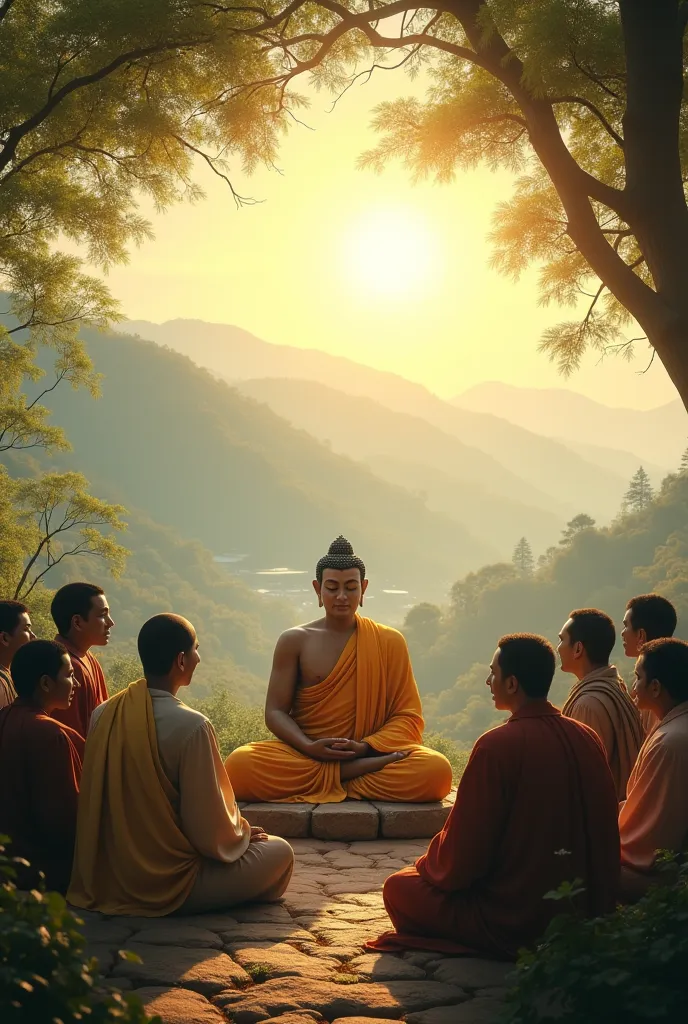 Create an image of the Buddha teaching the villagers in the morning atmosphere with gentle sunlight.