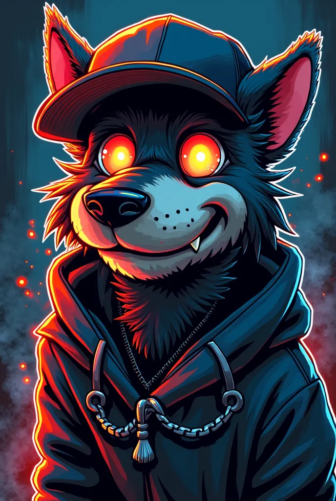 Create a high-resolution (4K) streetwear design featuring a fierce but stylish cartoon-style dog. The dog should have an aggressive yet cool expression, with exaggerated features like sharp fangs, intense glowing eyes, and a slightly oversized head for a b...