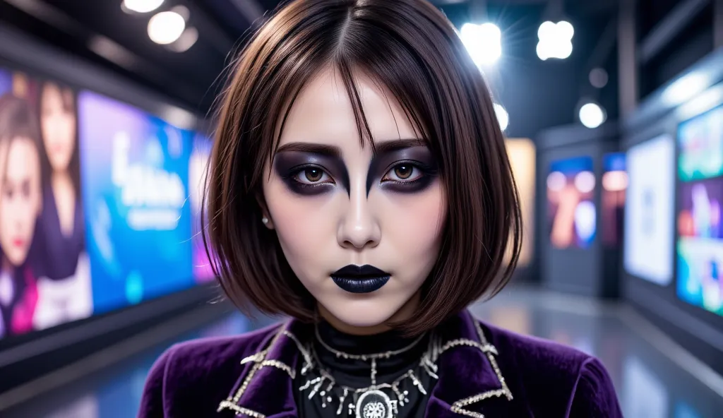 A beautiful Korean girl with thick short bob hair in purple black with black metal makeup face makeup with black corpsy paint circling around the eyes and white all over her face with her horror and cute face. Standing in a television broadcast studio prep...