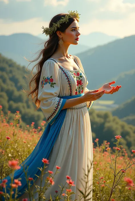 The guardian of the genus, Ukrainian woman, landscape, Girl, with a wreath, wearing a long embroidered dress, in her hands, she protects the warriors of Ukraine.