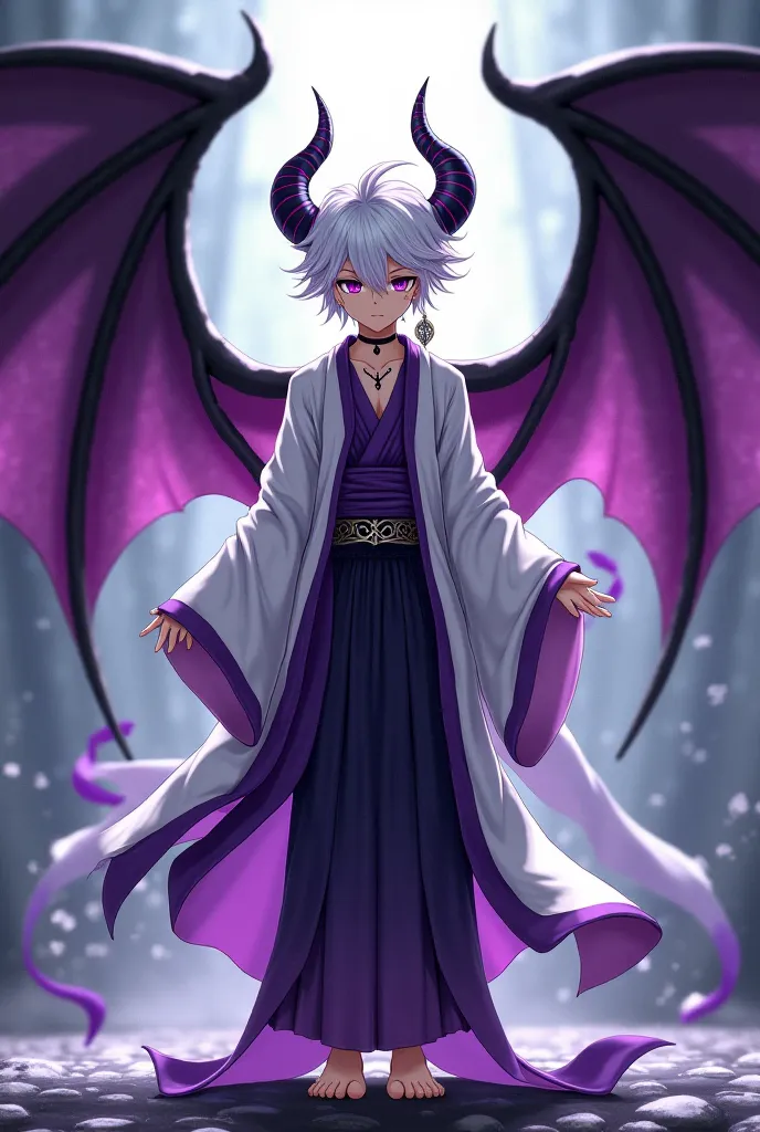 18 years old demon,boy,black-purple wings,I have white hair and purple eyes,I wear a white-purple kimono,im barefoot,I have a white earring and I have a black mark on my neck,i have a few tattoos