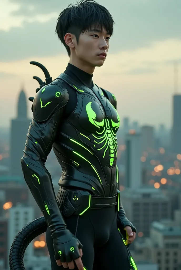  Young handsome man with short black hair and boyish style face , Firm muscles ， [ eyes are brown , body wearing black future-style electricity Young handsome man with short black hair and boyish face in sub-armor，Black Tights，Stronger muscles wearing boot...