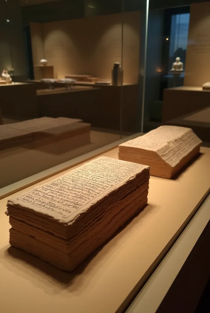 Amran tablets. Old clay tablets with cuneiform characters, carefully stacked in a glass cabinet in the museum.