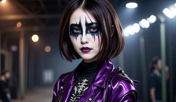 A beautiful Korean girl with thick short bob hair in purple black with black metal makeup face makeup with black corpsy paint circling around the eyes and white all over her face with her horror and cute face. Was standing up preparing to perform the show ...