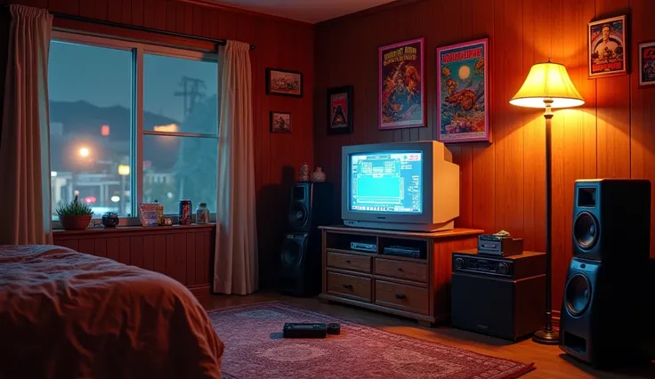 A nostalgic 1980s bedroom or living room with warm, cozy lighting and dark wooden paneled walls, capturing the essence of the era. At the center, a classic CRT television sits on a vintage wooden TV stand, displaying an 8-bit game from the time. Below the ...