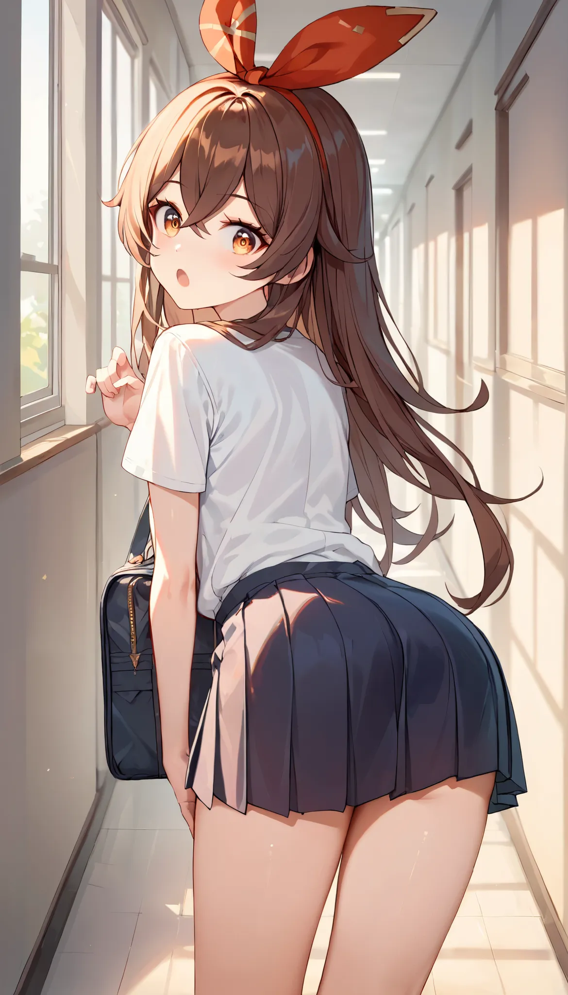 score_9, score_8_up, score_7_up,source_anime, high res image,masterpiece,best quality,girl,cute face,clear skin,amber_genshin, white school shirt, pleated black miniskirt, school hallway, cowboy shot, looking back at viewer, leaning forward, shocked, (lace...