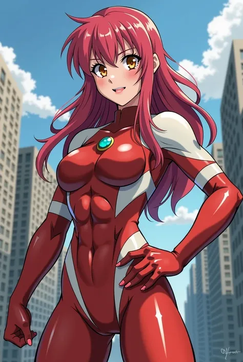 My Hero Academia Style , Anime girl, female, young female,muscular female,Full Body Shot,(fighting Pose:2),Long hair, Red Hair,  Brown Eyes,Hero Suit, Full Body Suit, red suit with white details,small round blue jewel in the center of the chest, perfect an...