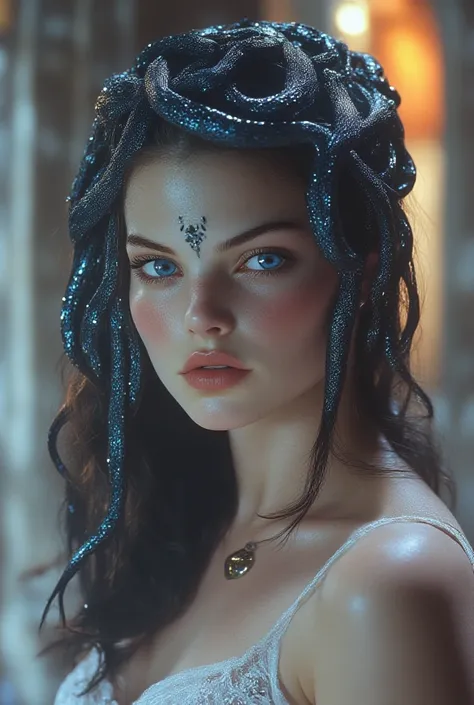 Beautiful young RUSSIAN woman with European features ((Megan Fox))  ANGELIC TRAITS, Extremely beautiful woman, her head is full of black snakes as in Greek mythology "Medusa", Bright and fascinating sapphire blue eyes., challenging look, REDDISH LIP EFFECT...