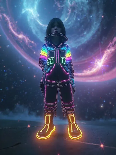  I want the blue parts in fluorescent rainbows with a starry effect on the bottom of the jacket. And I want you to convert the drawing to Realism.

