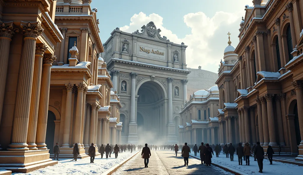 A cinematic photo shows the golden age of the Roman buildings in the winter,
show a street full of tons of old Roman buildings in the winter,e, masterpiece, winter, historical style, 100 buildings, mid frame, snowy pic, snow, Roma, Arena of Nîmes, street, ...