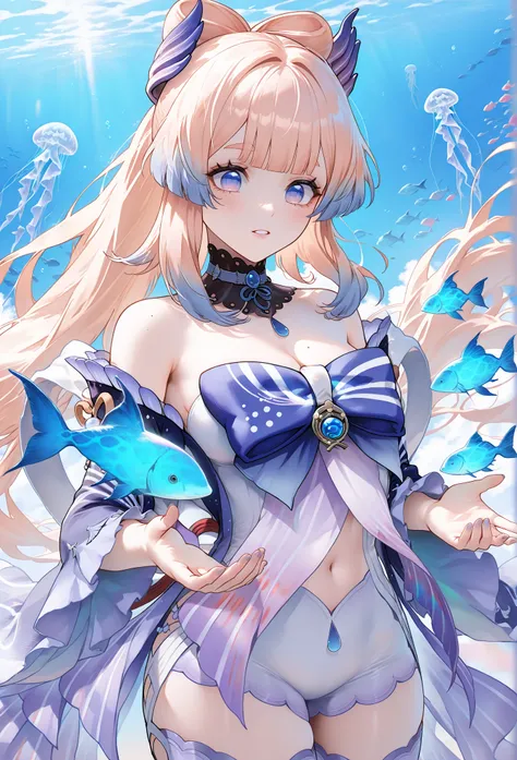 (masterpiece, high resolution, 2k resolution, best quality), (1girl, perfect anatomy, perfect face), (Sangonomiya Kokomi Genshin Impact) mixed_artwork style, (detailed eyes), beautiful woman,  medium breasts, blonde hair, blue gradient at the ends, ponytai...