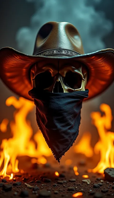 A floating skull wearing a rugged cowboy hat with metallic details and a worn leather texture, a dark tattered bandana covering its lower face, set in a dramatic fiery scene. The skull appears to hover amidst intense flames and swirling smoke, illuminated ...