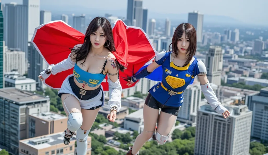 Two beautiful Korean women with short black purple bob hair and the second with long hair are flying like superman against the backdrop of a bustling city with the first girl in a cool gundam costume and the second woman in a unique saint saiya costume